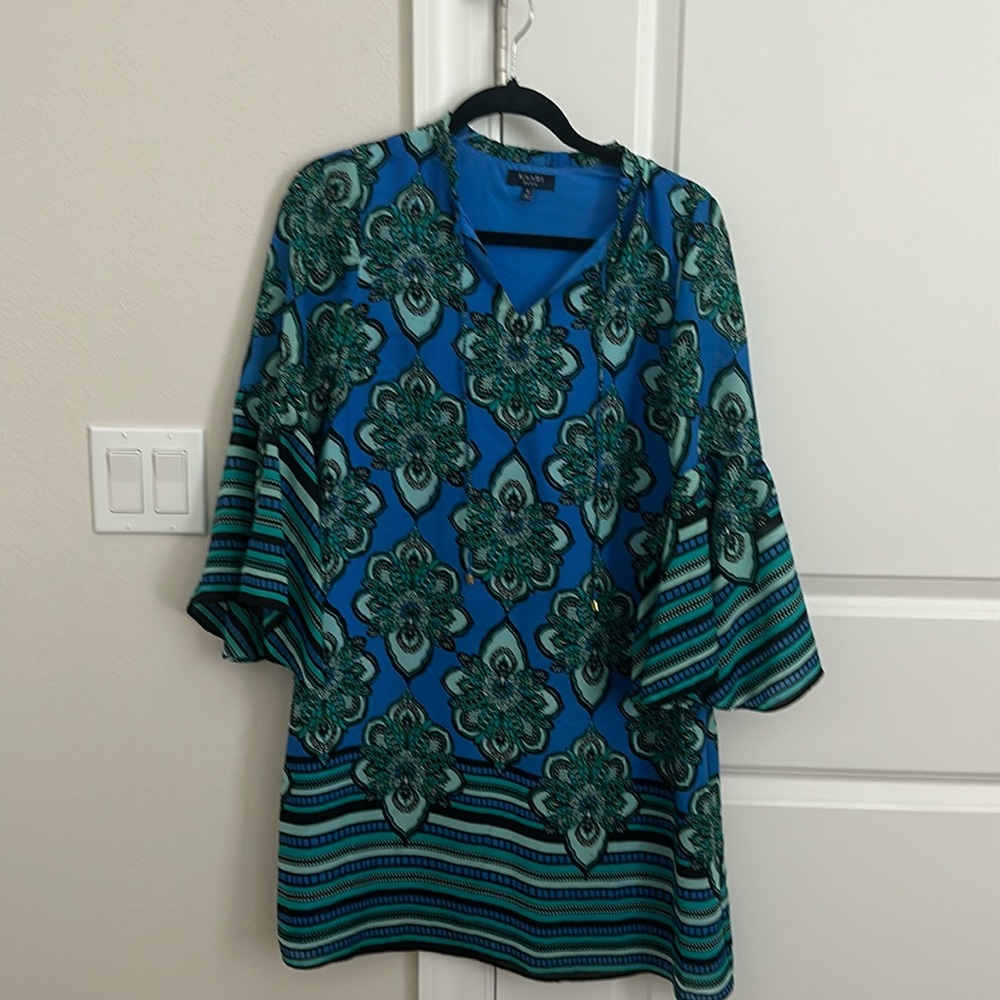 Kaari Blue small shift dress.  Bell sleeve,damask style print in blue and greens
